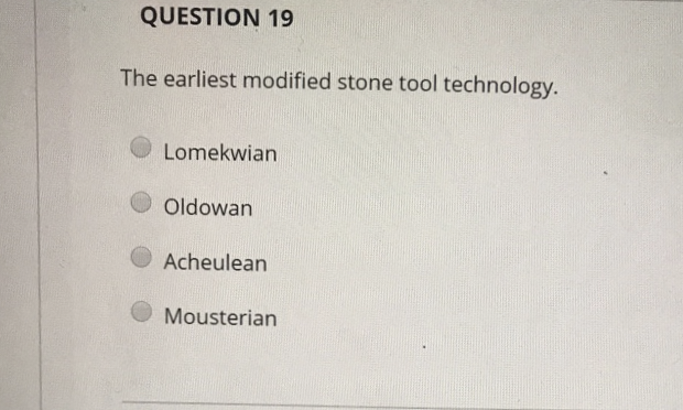 QUESTION 19
The earliest modified stone tool technology.
Lomekwian
Oldowan
Acheulean
Mousterian