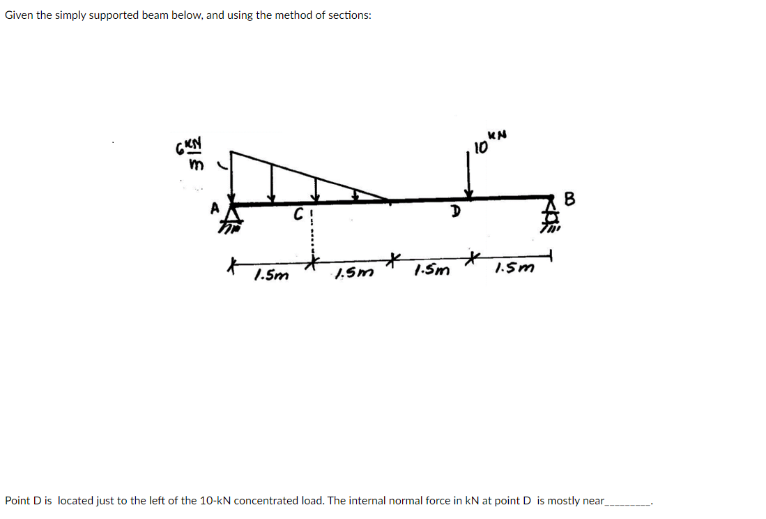 Given the simply supported beam below, and using the method of sections:
A
t
1.5m
C!
1.5m
1.5m
KN
10
1.5m
B
Point D is located just to the left of the 10-kN concentrated load. The internal normal force in kN at point D is mostly near_