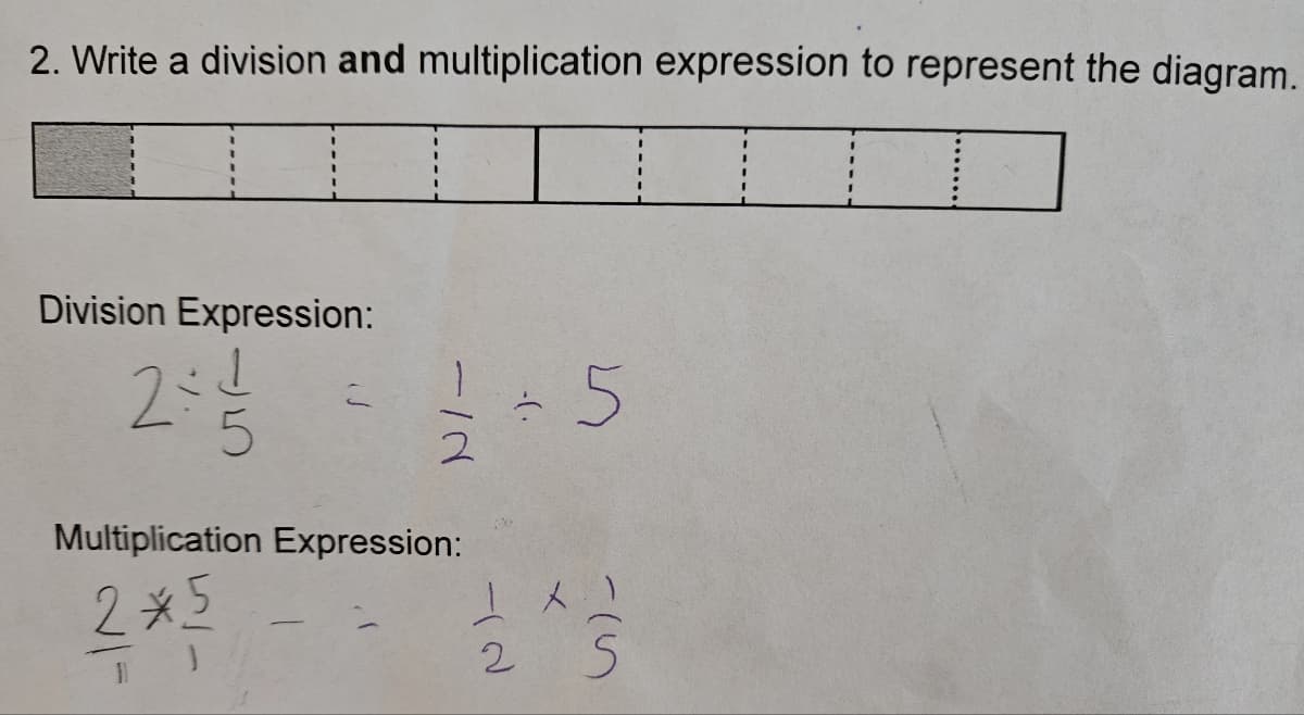 2. Write a division and multiplication expression to represent the diagram.
Division Expression:
20/= +5
2:
5
Multiplication Expression:
2*5
11
1
2