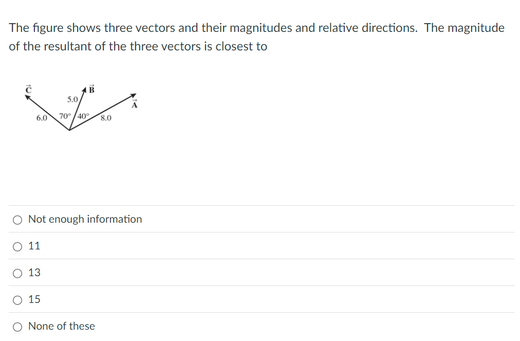 The figure shows three vectors and their magnitudes and relative directions. The magnitude
of the resultant of the three vectors is closest to
B
5.0
A
6.0
70° 40°
8.0
○ Not enough information
11
13
15
○ None of these