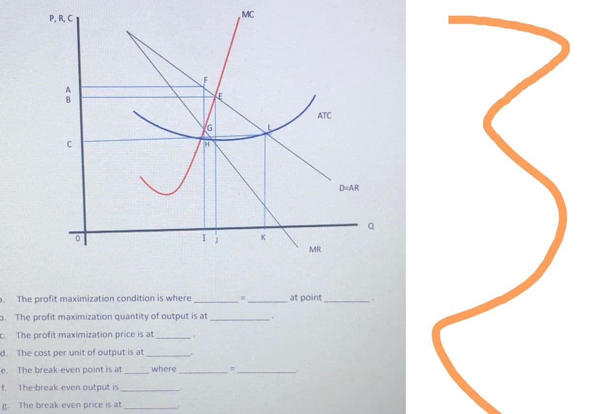 P, R, C
a.
A
AB
C
LL
where
G
H
The profit maximization condition is where
b. The profit maximization quantity of output is at
C.
The profit maximization price is at
d. The cost per unit of output is at
e. The break-even point is at
f. The break-even output is
g. The break-even price is at
I
MC
K
ATC
MR
at point
D=AR
Q