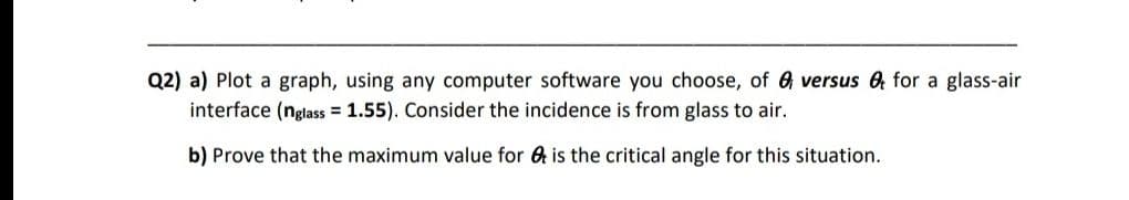 Q2) a) Plot a graph, using any computer software you choose, of 6 versus 6 for a glass-air
interface (nglass = 1.55). Consider the incidence is from glass to air.
b) Prove that the maximum value for & is the critical angle for this situation.
