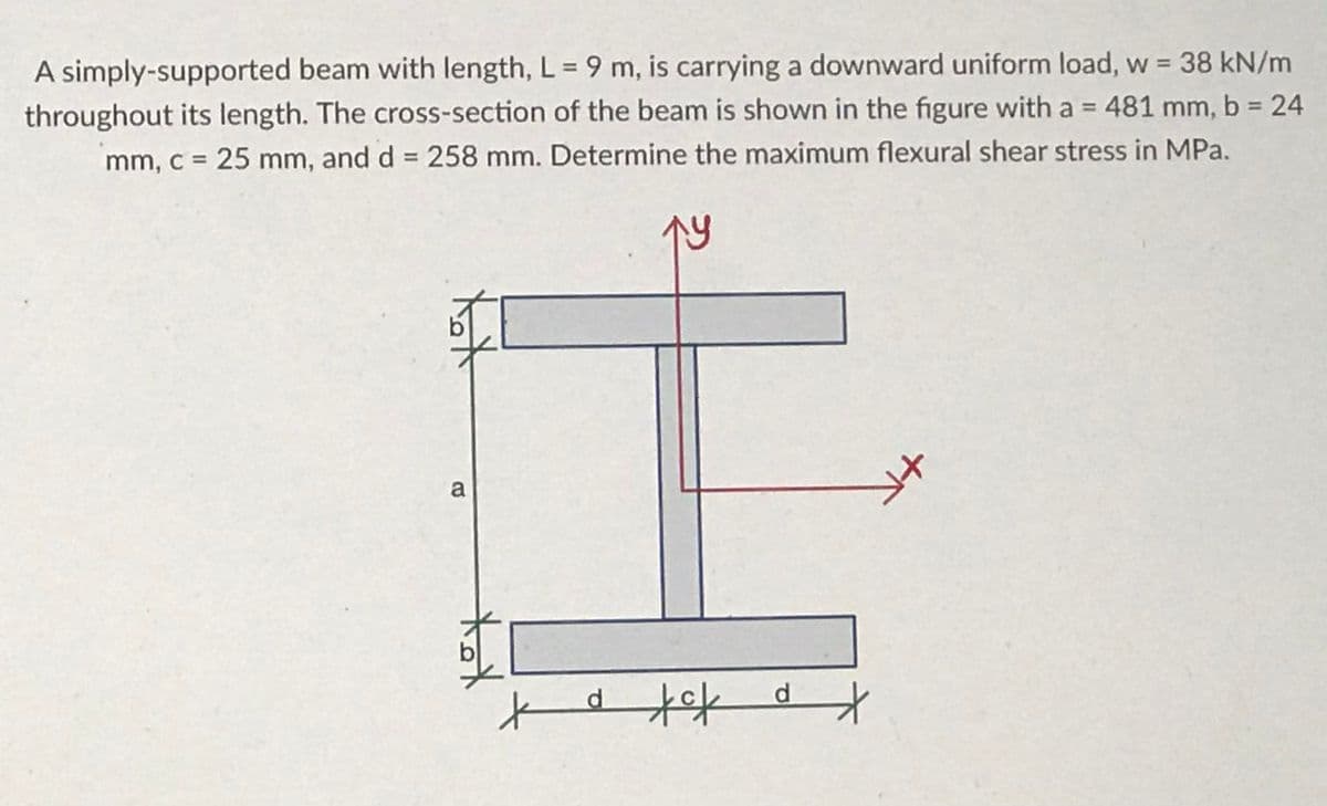 A simply-supported beam with length, L = 9 m, is carrying a downward uniform load, w = 38 kN/m
throughout its length. The cross-section of the beam is shown in the figure with a = 481 mm, b = 24
mm, c = 25 mm, and d = 258 mm. Determine the maximum flexural shear stress in MPa.
19
xox
a
tat
a tak
d
d