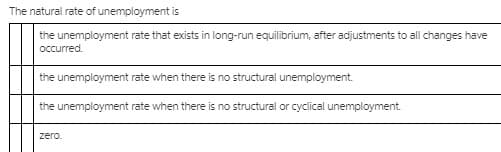 The natural rate of unemployment is
the unemployment rate that exists in long-run equilibrium, after adjustments to all changes have
occurred.
the unemployment rate when there is no structural unemployment.
the unemployment rate when there is no structural or cyclical unemployment.
zero.
