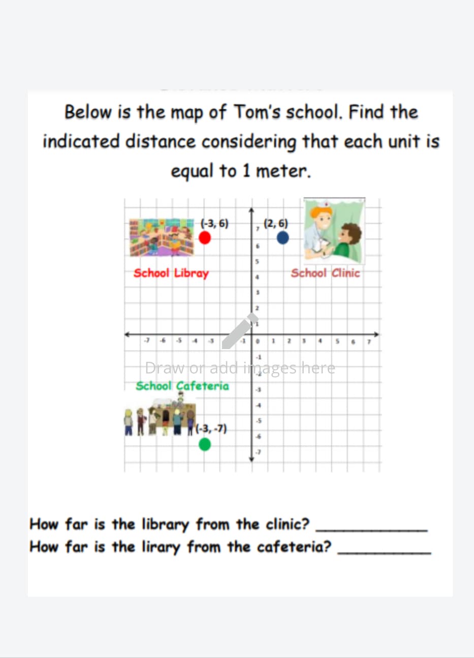 Below is the map of Tom's school. Find the
indicated distance considering that each unit is
equal to 1 meter.
(-3, 6)
(2, 6)
School Libray
School Clinic
2
1 6 5 43
1 1 2 4
Draw or add images here
School Cafeteria
(-3, -7)
How far is the library from the clinic?
How far is the lirary from the cafeteria?
