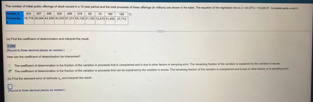 The number of initial public offerings of stock issued in a 10-year period and the total proceeds of these offerings (in millions) are shown in the table. The equation of the regression line is y =43.977x+ 19,528.57. Complete parts a and b.
Issues, x
424
457
695
500
499
379
55
74
180
158
Pгoceods,
18,716 29,004 42,559 30,325 67,231 65,155 21,100 12,473 31,455 27,712
(a) Find the coefficient of determination and interpret the result.
0.256
(Round to three decimal places as needed.)
How can the coefficient
determination be interpreted?
The coefficient of determination is the fraction of the variation in proceeds that is unexplained and is due to other factors or sampling error. The remaining fraction of the variation is explained by the variation in issues.
O The coefficient of determination is the fraction of the variation in proceeds that can be explained by the variation in issues. The remaining fraction of the variation is unexplained and is due to other factors or to sampling error.
(b) Find the standard error of estimate s, and interpret the result.
(Round to three decimal places as needed.)
