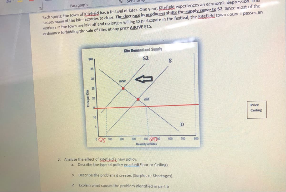Each spring, the town of Kitefield has a festival of kites. One year, Kitefield experiences an economic depression.
causes many of the kite factories to close. The decrease in producers shifts the supply curve to S2 Since most of the
workers in the town are laid off and no longer willing to participate in the festival, the Kitefield town council passes an
ordinance forbidding the sale of kites at any price ABOVE $15.
Paragraph
Kite Demand and Supply
$40
S2
S
35
30
new
old
Price
Ceiling
10
200
300
400 a0
600
700
800
Quantity of Kites
3. Analyze the effect of Kitefield's new policy.
Describe the type of policy enacted(Floor or Ceiling).
a
b. Describe the problem it creates (Surplus or Shortages).
C. Explain what causes the problem identified in part b
Price per Kite
