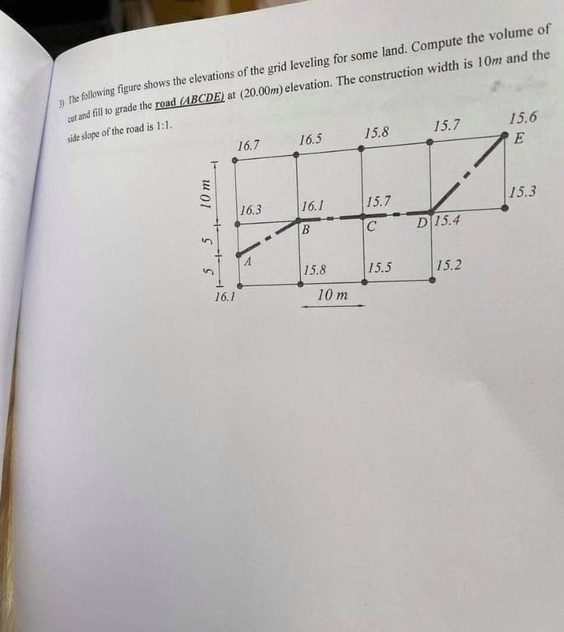 3) The following figure shows the elevations of the grid leveling for some land. Compute the volume of
cut and fill to grade the road (ABCDE) at (20.00m) elevation. The construction width is 10m and the
side slope of the road is 1:1.
15.7
15.8
16.5
16.7
15.6
E
16.3
16.1
15.3
15.7
B
C
A
15.8
15.5
10 m
5
S
16.1
10 m
D 15.4
15.2