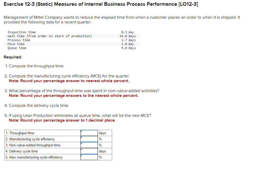 Exercise 12-3 (Static) Measures of Internal Business Process Performance [LO12-3]
Management of Mittel Company wants to reduce the elapsed time from when a customer places an order to when it is shipped. It
provided the following data for a recent quarter:
Inspection time
Wait time (from order to start of production)
Process time
Move time
Queue time
Required:
1. Compute the throughput time.
2. Compute the manufacturing cycle efficiency (MCE) for the quarter.
Note: Round your percentage answer to nearest whole percent.
3. What percentage of the throughput time was spent in non-value-added activities?
Note: Round your percentage answers to the nearest whole percent.
4. Compute the delivery cycle time.
5. If using Lean Production eliminates all queue time, what will be the new MCE?
Note: Round your percentage answer to 1 decimal place.
1. Throughput time
2. Manufacturing cycle efficiency
3. Non-value-added throughput time
4. Delivery cycle time
5. New manufacturing cycle efficiency
0.3 day
14.0 days
2.7 days
1.0 day
5.0 days
days
%
%
days
%