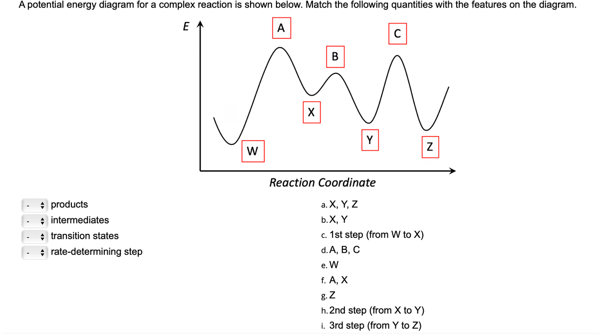A potential energy diagram for a complex reaction is shown below. Match the following quantities with the features on the diagram.
E
A
B
W
X
W
products
intermediates
transition states
rate-determining step
Y
C
Reaction Coordinate
a. X, Y, Z
b. X, Y
c. 1st step (from W to X)
d. A, B, C
e. W
f. A, X
g. Z
h. 2nd step (from X to Y)
i. 3rd step (from Y to Z)
Z