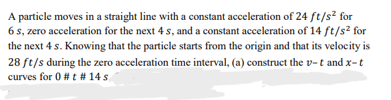 A particle moves in a straight line with a constant acceleration of 24 ft/s? for
6 s, zero acceleration for the next 4 s, and a constant acceleration of 14 ft/s² for
the next 4 s. Knowing that the particle starts from the origin and that its velocity is
28 ft/s during the zero acceleration time interval, (a) construct the v-t and x-t
curves for 0 #t # 14 s
