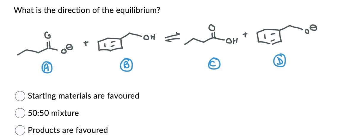 What is the direction of the equilibrium?
G
A
B
Starting materials are favoured
50:50 mixture
Products are favoured
POH
PLOH
+
D