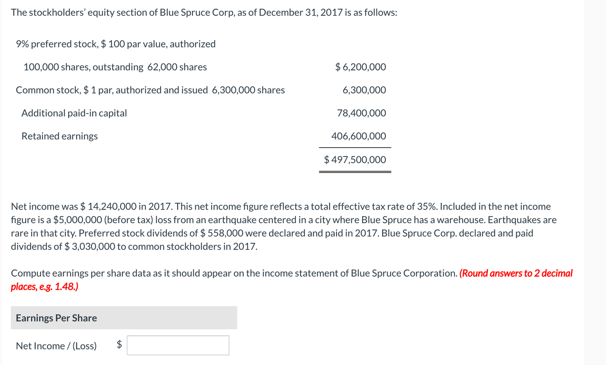 The stockholders' equity section of Blue Spruce Corp, as of December 31, 2017 is as follows:
9% preferred stock, $ 100 par value, authorized
100,000 shares, outstanding 62,000 shares
$ 6,200,000
Common stock, $ 1 par, authorized and issued 6,300,000 shares
6,300,000
Additional paid-in capital
78,400,000
Retained earnings
406,600,000
$ 497,500,000
Net income was $ 14,240,000 in 2017. This net income figure reflects a total effective tax rate of 35%. Included in the net income
figure is a $5,000,000 (before tax) loss from an earthquake centered in a city where Blue Spruce has a warehouse. Earthquakes are
rare in that city. Preferred stock dividends of $ 558,000 were declared and paid in 2017. Blue Spruce Corp. declared and paid
dividends of $ 3,030,000 to common stockholders in 2017.
Compute earnings per share data as it should appear on the income statement of Blue Spruce Corporation. (Round answers to 2 decimal
places, e.g. 1.48.)
Earnings Per Share
Net Income / (Loss)
%24
