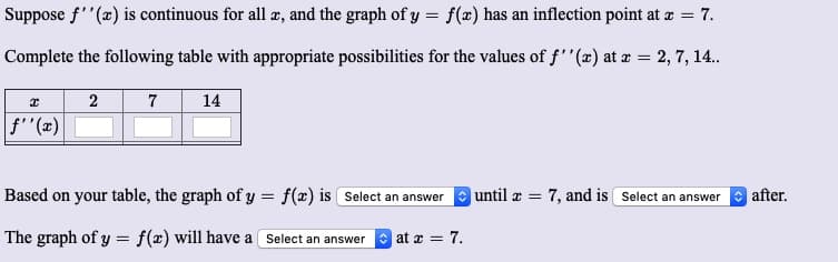 Suppose f''(x) is continuous for all æ, and the graph of y = f(x) has an inflection point at æ = 7.
Complete the following table with appropriate possibilities for the values of f''(x) at æ = 2, 7, 14.
2
f'(x)
14
Based on your table, the graph of y = f(x) is Select an answer
until a = 7, and is Select an answer after.
The graph of y = f(x) will have
Select an answer at x = 7.
