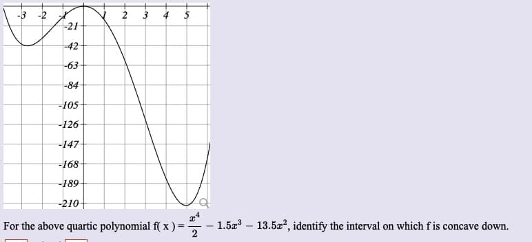 -21
-42
-63
-84
-105
-126-
-147
-168-
-189-
-210
For the above quartic polynomial f( x ) =
1.5a – 13.5a?, identify the interval on which f is concave down.
3.
2.
