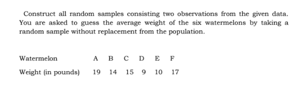 Construct all random samples consisting two observations from the given data.
You are asked to guess the average weight of the six watermelons by taking a
random sample without replacement from the population.
Watermelon
А в сD E F
Weight (in pounds)
19
14
15
9.
10
17
