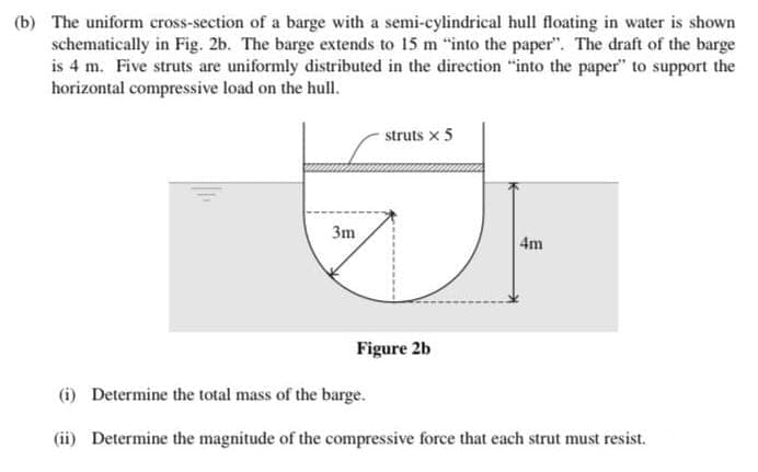 (b) The uniform cross-section of a barge with a semi-cylindrical hull floating in water is shown
schematically in Fig. 2b. The barge extends to 15 m "into the paper". The draft of the barge
is 4 m. Five struts are uniformly distributed in the direction "into the paper" to support the
horizontal compressive load on the hull.
struts x 5
3m
4m
Figure 2b
(i) Determine the total mass of the barge.
(ii) Determine the magnitude of the compressive force that each strut must resist.
