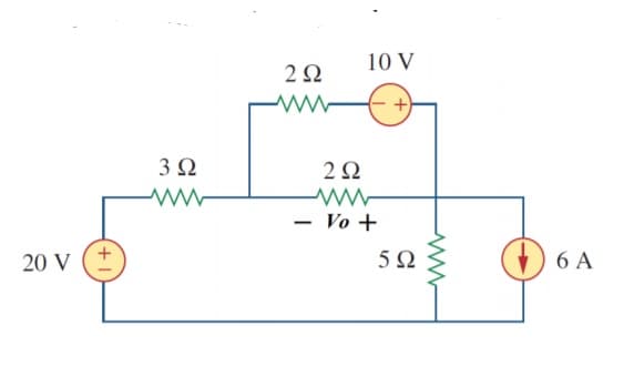 10 V
3Ω
2Ω
- Vo +
20 V
5Ω
6 A
+ 1
