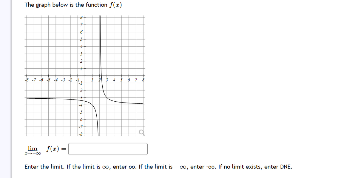 The graph below is the function f(x)
-8 -7 -6 -5 -4 -3 -2
lim
x→ ∞
f(x) =
8
7
6
5
4
3
2
1
-1
-2
-3
-5
-6
-7
-8+
5
6
8
Enter the limit. If the limit is ∞, enter oo. If the limit is -∞, enter -oo. If no limit exists, enter DNE.