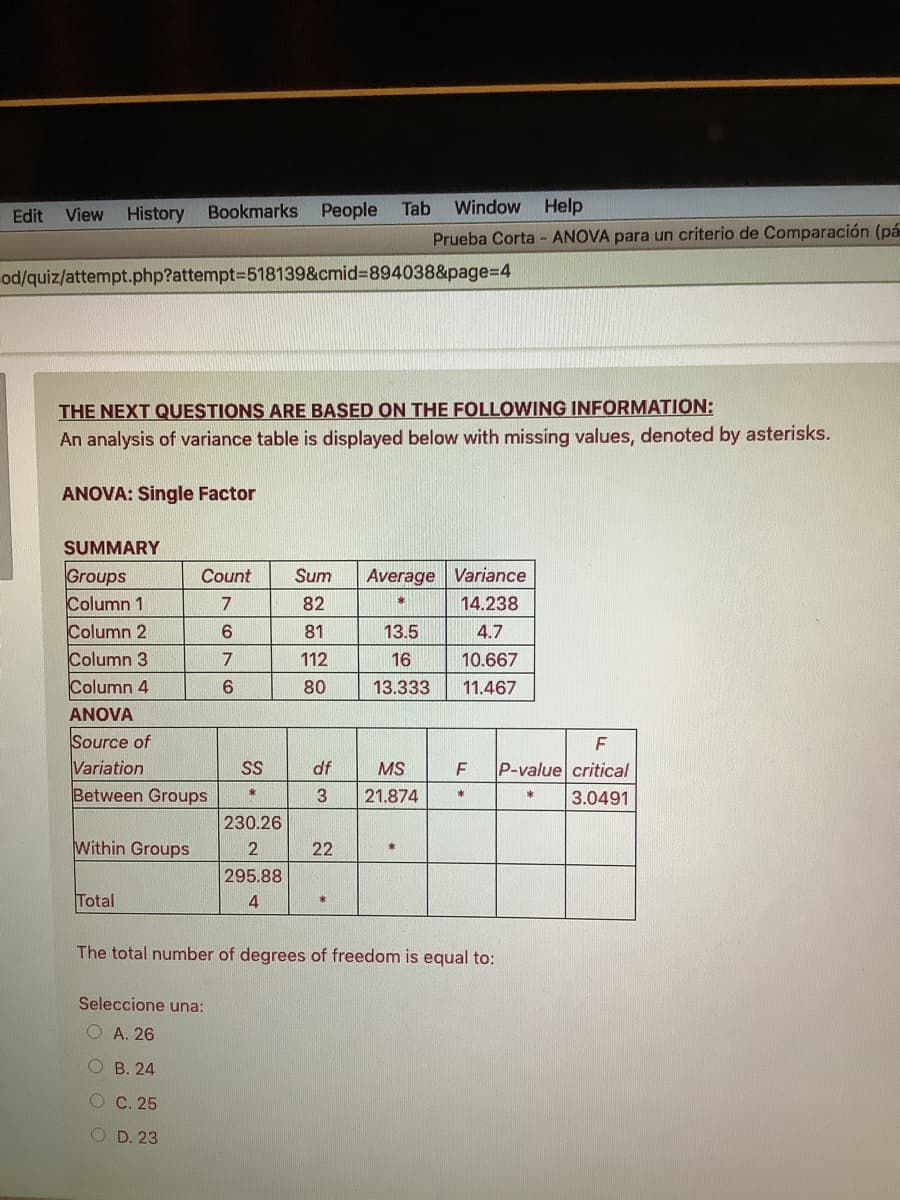 Tab
Window Help
Edit View History Bookmarks People
Prueba Corta - ANOVA para un criterio de Comparación (pá
od/quiz/attempt.php?attempt3D518139&cmid%3D894038&page%3D4
THE NEXT QUESTIONS ARE BASED ON THE FOLLOWING INFORMATION:
An analysis of variance table is displayed below with missing values, denoted by asterisks.
ANOVA: Single Factor
SUMMARY
Groups
Column 1
Column 2
Count
Sum
Average Variance
82
14.238
81
13.5
4.7
Column 3
Column 4
7
112
16
10.667
6.
80
13.333
11.467
ANOVA
Source of
Variation
F
SS
df
MS
P-value critical
Between Groups
3
21.874
3.0491
230.26
Within Groups
22
295.88
Total
4
The total number of degrees of freedom is equal to:
Seleccione una:
O A. 26
O B. 24
O C. 25
O D. 23
