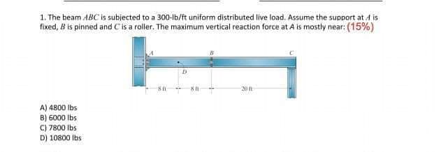 1. The beam ABC is subjected to a 300-lb/ft uniform distributed live load. Assume the support at 4 is
fixed, B is pinned and Cis a roller. The maximum vertical reaction force at A is mostly near: (15%)
20
A) 4800 Ibs
B) 6000 lbs
C) 7800 Ibs
D) 10800 Ibs
