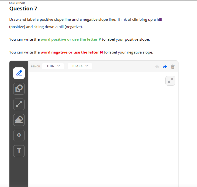 SKETCHPAD
Question 7
Draw and label a positive slope line and a negative slope line. Think of climbing up a hill
(positive) and skiing down a hill (negative).
You can write the word positive or use the letter P to label your positive slope.
You can write the word negative or use the letter N to label your negative slope.
a
T
PENCIL THIN
BLACK
18