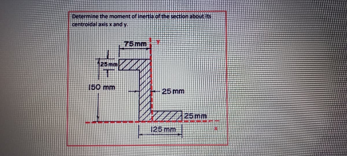 Determine the moment of inertia of the section about its
centroidal axis x and y.
75mm
125mm
150 mm
25 mm
125 mm
