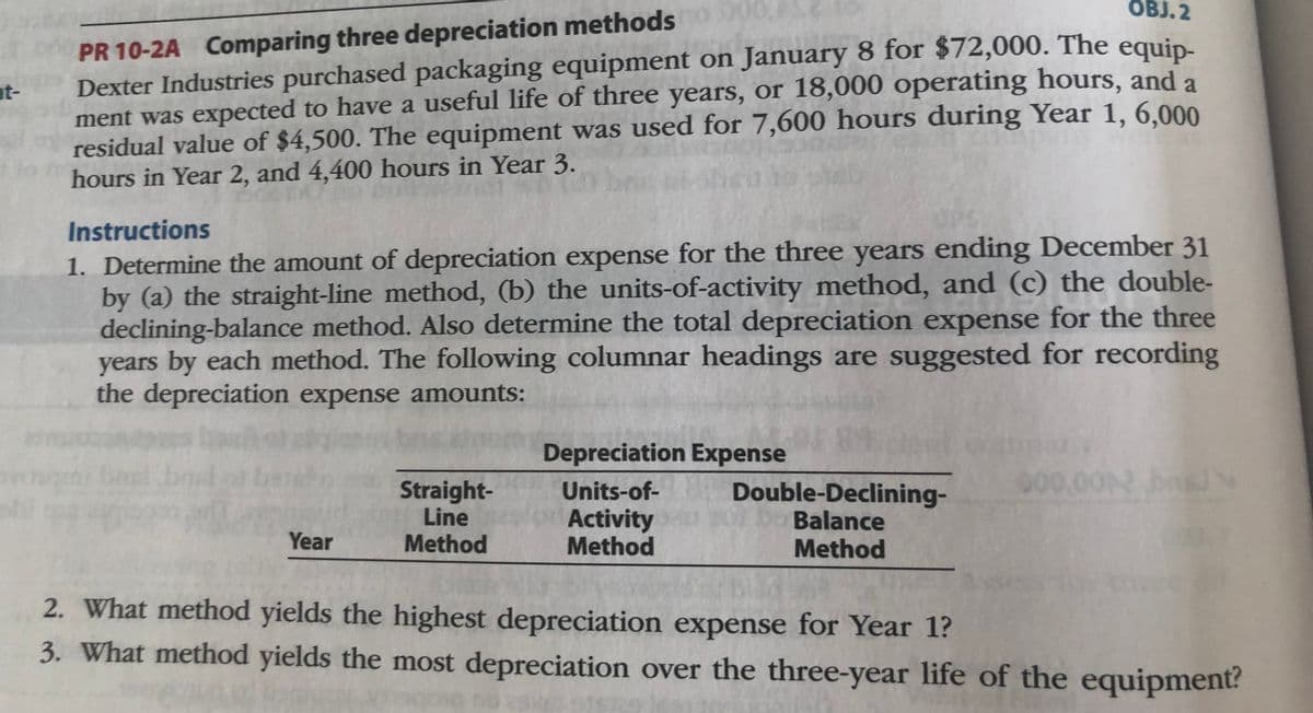 t-
OBJ. 2
PR 10-2A Comparing three depreciation methods
Dexter Industries purchased packaging equipment on January 8 for $72,000. The equip-
ment was expected to have a useful life of three years, or 18,000 operating hours, and a
residual value of $4,500. The equipment was used for 7,600 hours during Year 1, 6,000
hours in Year 2, and 4,400 hours in Year 3.
Instructions
1. Determine the amount of depreciation expense for the three years ending December 31
by (a) the straight-line method, (b) the units-of-activity method, and (c) the double-
declining-balance method. Also determine the total depreciation expense for the three
years by each method. The following columnar headings are suggested for recording
the depreciation expense amounts:
Year
Straight-
Line
Method
BES
Double-Declining-
Balance
Method
Depreciation Expense
Units-of-
Activity u
Method
000,0012 b
2. What method yields the highest depreciation expense for Year 1?
3. What method yields the most depreciation over the three-year life of the equipment?