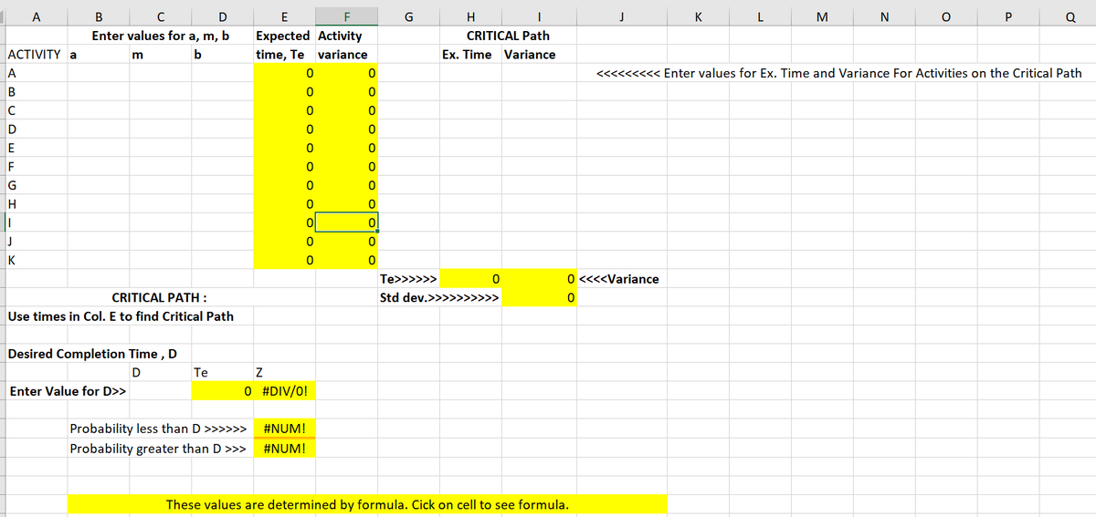 C
Enter values for a, m, b
A
В
D
E
F
H
K
M
N
P
Expected Activity
CRITICAL Path
АCTIVITY a
b
time, Te variance
Ex. Time Variance
A
<<<<<<<<< Enter values for Ex. Time and Variance For Activities on the Critical Path
B
C
E
F
G
J
K
Te>>>>>>
0 <<<<Variance
CRITICAL PATH :
Use times in Col. E to find Critical Path
Std dev.>>>>>>>>>>
Desired Completion Time, D
Te
Enter Value for D>>
O #DIV/0!
Probability less than D >>>>>>
#NUM!
Probability greater than D >>>
#NUM!
These values are determined by formula. Cick on cell to see formula.
O O O o
o o o o oo o
o O O o
ооо о оос
