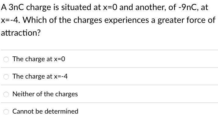 A 3nC charge is situated at x=0 and another, of -9nC, at
x=-4. Which of the charges experiences a greater force of
attraction?
O The charge at x=0
O The charge at x=-4
O Neither of the charges
Cannot be determined
