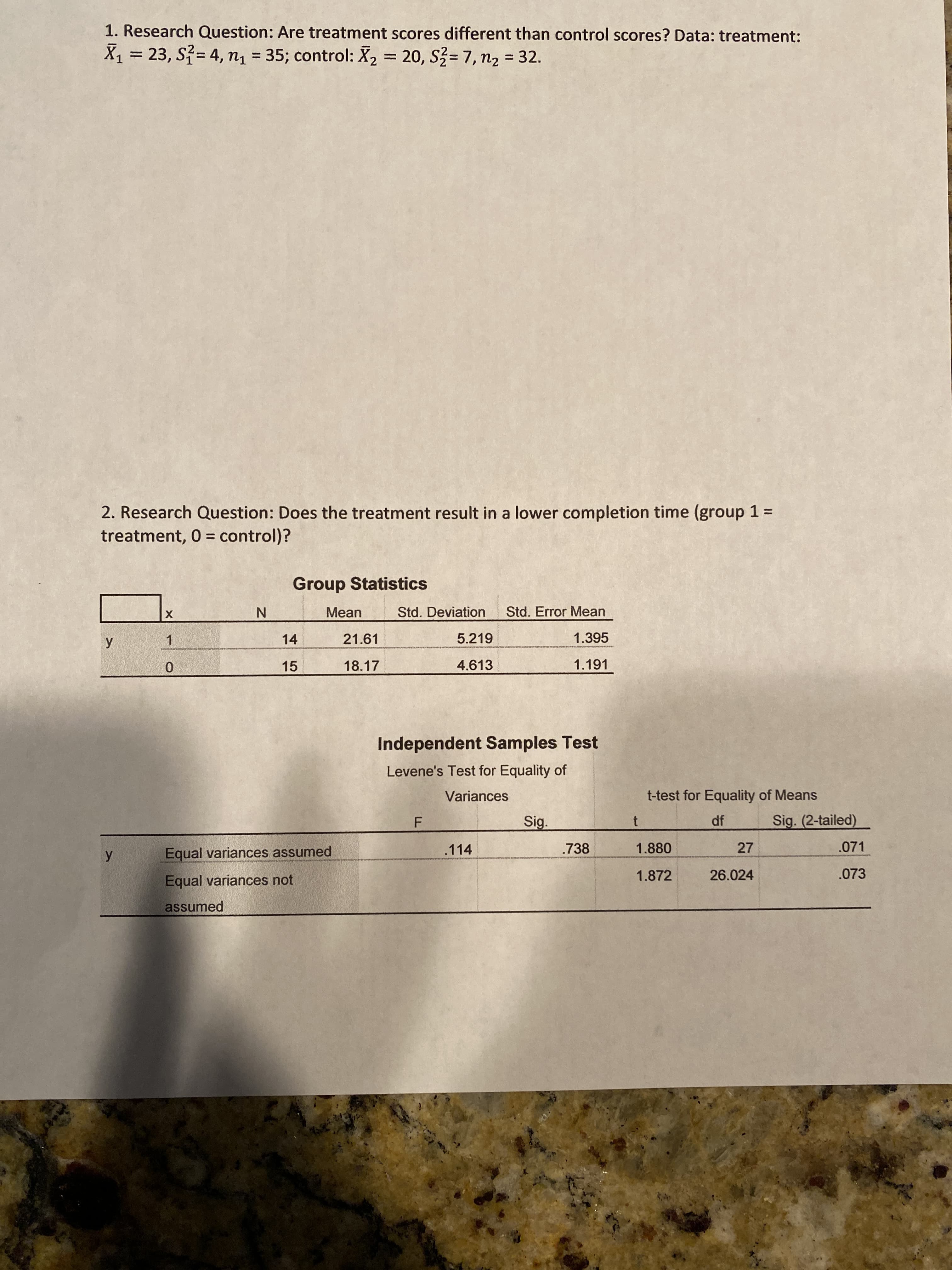 1. Research Question: Are treatment scores different than control scores? Data: treatment:
X1 = 23, S= 4, n = 35; control: X, = 20, S = 7, n2 = 32.
%3D
%3D
%3D
