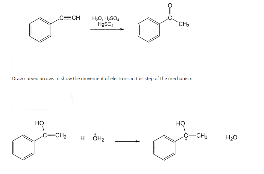 C=CH
H₂O, H₂SO4
HgSO4
HO
C=CH₂
Cubven
Draw curved arrows to show the movement of electrons in this step of the mechanism.
CH3
+
H-OH₂
HO
1
-CH3
H₂O