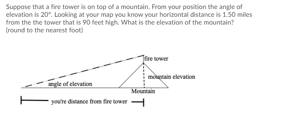 Suppose that a fire tower is on top of a mountain. From your position the angle of
elevation is 20°. Looking at your map you know your horizontal distance is 1.50 miles
from the the tower that is 90 feet high. What is the elevation of the mountain?
(round to the nearest foot)
|fire tower
mountain elevation
angle of elevation
Mountain
you're distance from fire tower H
