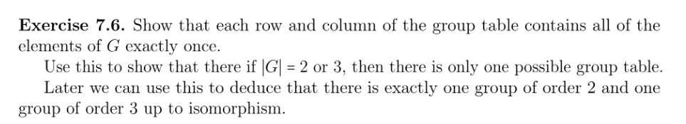 Exercise 7.6. Show that each row and column of the group table contains all of the
elements of G exactly once.
Use this to show that there if |G| = 2 or 3, then there is only one possible group table.
Later we can use this to deduce that there is exactly one group of order 2 and one
group of order 3 up to isomorphism.