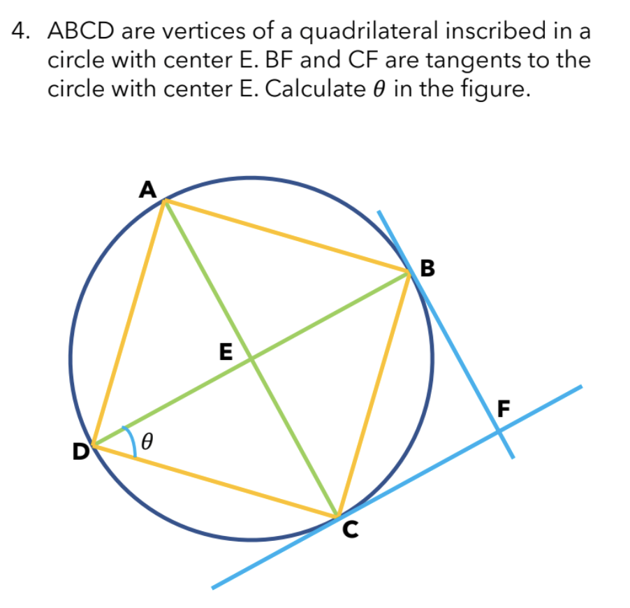 4. ABCD are vertices of a
quadrilateral inscribed in a
circle with center E. BF and CF are tangents to the
circle with center E. Calculate in the figure.
D
A
Ө Ꮎ
E
с
B
F