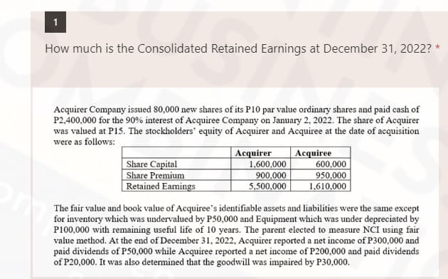 How much is the Consolidated Retained Earnings at December 31, 2022? *
Acquirer Company issued 80,000 new shares of its P10 par value ordinary shares and paid cash of
P2,400,000 for the 90% interest of Acquiree Company on January 2, 2022. The share of Acquirer
was valued at P15. The stockholders' equity of Acquirer and Acquiree at the date of acquisition
were as follows:
Share Capital
Share Premium
Retained Earnings
Acquirer
1,600,000
900,000
5,500,000
Acquiree
600,000
950,000
1,610,000
The fair value and book value of Acquiree's identifiable assets and liabilities were the same except
for inventory which was undervalued by P50,000 and Equipment which was under depreciated by
P100,000 with remaining useful life of 10 years. The parent elected to measure NCI using fair
value method. At the end of December 31, 2022, Acquirer reported a net income of P300,000 and
paid dividends of P50,000 while Acquiree reported a net income of P200,000 and paid dividends
of P20,000. It was also determined that the goodwill was impaired by P30,000.