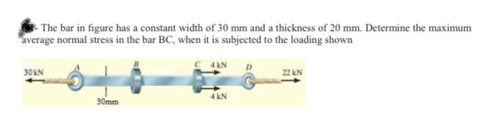 -The bar in figure has a constant width of 30 mm and a thickness of 20 mm. Determine the maximum
average normal stress in the bar BC, when it is subjected to the loading shown
30KN
30mm
4KN
4 KN
D
22 KN