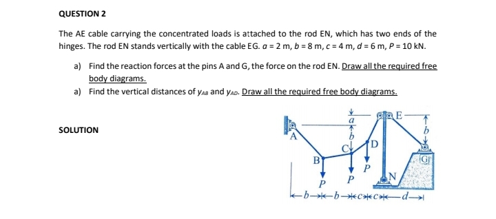 QUESTION 2
The AE cable carrying the concentrated loads is attached to the rod EN, which has two ends of the
hinges. The rod EN stands vertically with the cable EG. a = 2 m, b = 8 m, c = 4 m, d = 6 m, P = 10 kN.
a) Find the reaction forces at the pins A and G, the force on the rod EN. Draw all the required free
body diagrams.
a) Find the vertical distances of yas and yaD. Draw all the required free body diagrams.
a
SOLUTION
В
-b-bcC d
