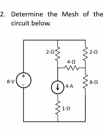 2. Determine the Mesh of the
circuit below.
2-0
2-0
4-0
8-V
8-2
)4-A
1-0
