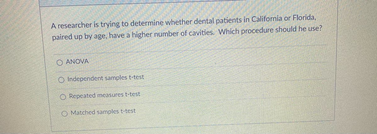 A researcher is trying to determine whether dental patients in California or Florida,
paired up by age, have a higher number of cavities. Which procedure should he use?
O ANOVA
O Independent samples t-test
O Repeated measures t-test
O Matched samples t-test
