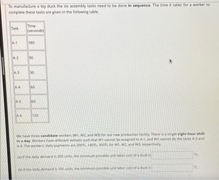 To manufacture a toy duck the six assembly tasks need to be done in sequence. The time it takes for a worker to
complete these tasks are given in the following table.
Time
(seconds)
Task
A-1
180
A-2
90
A-3
30
A-4
60
A-S
60
A-6
120
We have three candidate workers (W1, W2, and W3) for our new production facility. There is a single eight-hour shift
in a day. Workers have different skillsets such that W1 cannot be assigned to A-1, and W2 cannot do the tasks A-3 and
A-4. The workers' daily payments are 20OTL, 140TL, 300TL for W1, W2, and W3, respectively.
TL.
(a) If the daily demand is 200 units, the minimum possible unit labor cost of a duck is
TL.
(b) If the daily demand is 100 units, the minimum possible unit labor cost of a duck is
