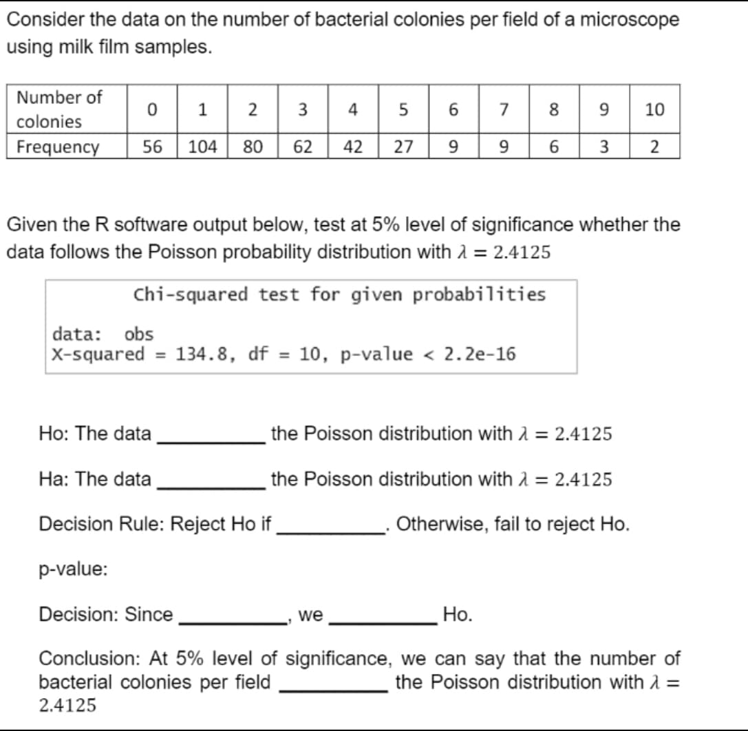 Consider the data on the number of bacterial colonies per field of a microscope
using milk film samples.
Number of
colonies
Frequency
01
56 104 80 62 42 27 9
4
Ho: The data
5
6
7
9
data: obs
X-squared = 134.8, df = 10, p-value < 2.2e-16
we
80
6
9
3
Given the R software output below, test at 5% level of significance whether the
data follows the Poisson probability distribution with λ = 2.4125
Chi-squared test for given probabilities
the Poisson distribution with λ = 2.4125
the Poisson distribution with λ = 2.4125
10
Ha: The data
Decision Rule: Reject Ho if
p-value:
Decision: Since
Ho.
Conclusion: At 5% level of significance, we can say that the number of
bacterial colonies per field
the Poisson distribution with λ =
2.4125
2
Otherwise, fail to reject Ho.