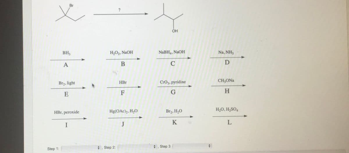 Br
x
BH3
A
Br₂, light
E
HBr, peroxide
Step 1:
I
?
H₂O₂, NaOH
+, Step 2:
B
HBr
F
Hg(OAc)₂, H₂O
J
OH
NaBH4, NaOH
C
CrO3, pyridine
G
Br₂, H₂O
K
+, Step 3
AP
Na, NH3
D
CH₂ONa
H
H₂O, H₂SO4
L