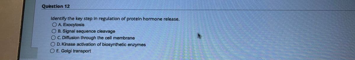 Question 12
Identify the key step in regulation of protein hormone release.
O A. Exocytosis
B. Signal sequence cleavage
O C. Diffusion through the cell membrane
D. Kinase activation of biosynthetic enzymes
E. Golgi transport