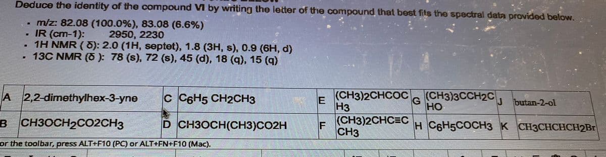 Deduce the identity of the compound VI by writing the letter of the compound that best fits the spectral data provided below.
m/z: 82.08 (100.0%), 83.08 (6.6%)
2950, 2230
-
IR (cm-1):
1H NMR (8): 2.0 (1H, septet), 1.8 (3H, s), 0.9 (6H, d)
13C NMR (6): 78 (s), 72 (s), 45 (d), 18 (q), 15 (q)
A 2,2-dimethylhex-3-yne
CH3OCH₂CO2CH3
or the toolbar, press ALT+F10 (PC) or ALT+FN+F10 (Mac).
C C6H5 CH2CH3
D CH3OCH(CH3)CO2H
E
F
(CH3)2CHCOC
(CH3)2CHCEC
H3
CH3
(CH3)3CCH2C
H C6H5COCH3 K CH3CHCHCH2Br
G
HO
J
butan-2-ol