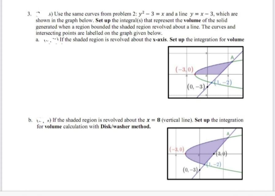 3. 5) Use the same curves from problem 2: y² - 3 = x and a line y = x - 3, which are
shown in the graph below. Set up the integral(s) that represent the volume of the solid
generated when a region bounded the shaded region revolved about a line. The curves and
intersecting points are labelled on the graph given below.
a. If the shaded region is revolved about the x-axis. Set up the integration for volume
(-3,0)
(0,-3)
b.) If the shaded region is revolved about the x = 8 (vertical line). Set up the integration
for volume calculation with Disk/washer method.
(-3,0)
(0,-3)
43,0)