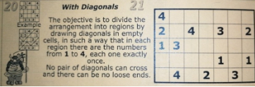 20
With Diagonals 21
The objective is to divide the
Example arrangement into regions by
drawing diagonals in empty
cells, in such á way that in each
region there are the numbers 1 3
from 1 to 4, each one exactly
once.
No pair of diagonals can cross
and there can be no loose ends.
4
3
4
2
2.
1.
421
