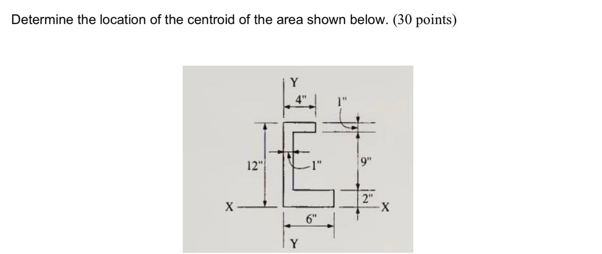 Determine the location of the centroid of the area shown below. (30 points)
X
Y
4"
1"
12"
1"
9"
2"
X
6"
Y