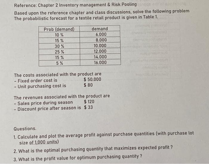 Reference: Chapter 2 Inventory management & Risk Pooling ge
Based upon the reference chapter and class discussions, solve the following problem
The probabilistic forecast for a textile retail product is given in Table 1.
Prob (demand)
demand
6.000
8.000
10 %
15 %
30 %
10.000
12.000
14.000
25 %
15 %
5 %
16.000
The costs associated with the product are
$ 50.000
$ 80
Fixed order cost is
- Unit purchasing cost is
The revenues associated with the product are
- Sales price during season
- Discount price after season is $33
$ 120
Questions.
1. Calculate and plot the average profit against purchase quantities (with purchase lot
size of 1,000 units)
2. What is the optimal purchasing quantity that maximizes expected profit ?
3. What is the profit value for optimum purchasing quantity ?
