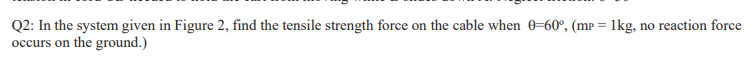 Q2: In the system given in Figure 2, find the tensile strength force on the cable when 0=60°, (mp = 1kg, no reaction force
occurs on the ground.)
